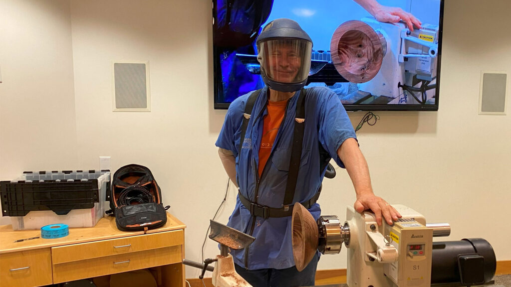 David Vannier shows his woodturning protection equipment. Picture is for Woodturners Newsletter.