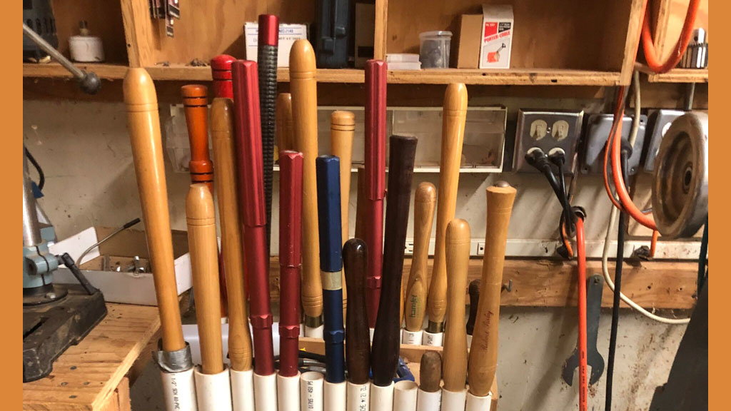 Woodturning tool rack with tools.