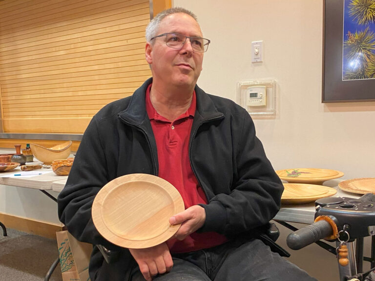 Kevin's wooden platter turned on a lathe.