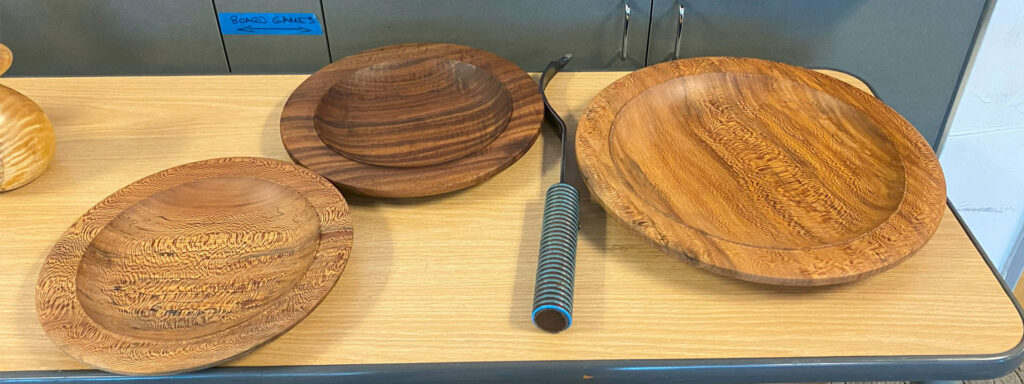 Coring tool and woodturned large oak platters by Mike Mahoney
